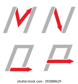 Grey M N O P letters with red arrows. Logo sign set, Motion concept