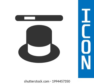 Grey Magic hat and wand icon isolated on white background. Magic trick. Mystery entertainment concept.  Vector