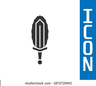 Grey Magic sword in fire icon isolated on white background. Fiery sword. Magic weapon of knight, sorcerer, magician. Fire spell. Burning blade.  Vector