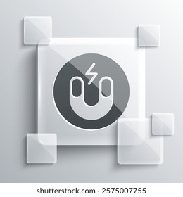 Grey Magnet icon isolated on grey background. Horseshoe magnet, magnetism, magnetize, attraction. Square glass panels. Vector