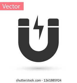 Grey Magnet with lightning icon isolated on white background. Horseshoe magnet, magnetism, magnetize, attraction sign. Vector Illustration
