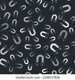 Grey Magnet with lightning icon isolated seamless pattern on black background. Horseshoe magnet, magnetism, magnetize, attraction sign.  Vector Illustration