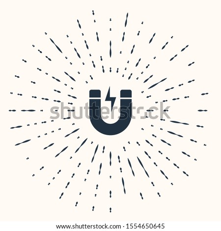 Grey Magnet with lightning icon isolated on beige background. Horseshoe magnet, magnetism, magnetize, attraction sign. Abstract circle random dots. Vector Illustration