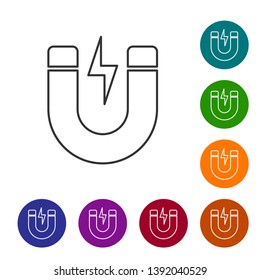 Grey Magnet with lightning line icon isolated on white background. Horseshoe magnet, magnetism, magnetize, attraction sign. Set icon in color circle buttons. Vector Illustration