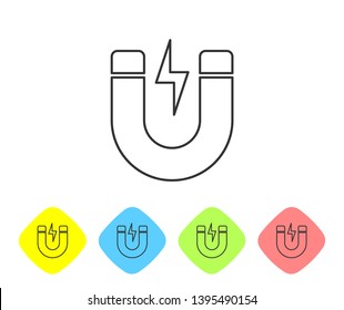 Grey Magnet with lightning line icon isolated on white background. Horseshoe magnet, magnetism, magnetize, attraction sign. Set icon in color rhombus buttons. Vector Illustration