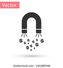 Grey Magnet with money icon isolated on white background. Concept of attracting investments, money. Big business profit attraction and success. Vector Illustration
