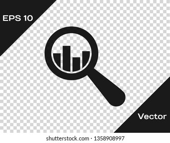 Grey Magnifying glass and data analysis icon isolated on transparent background. Vector Illustration