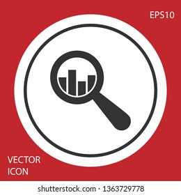 Grey Magnifying glass and data analysis icon isolated on red background. Circle button. Vector Illustration