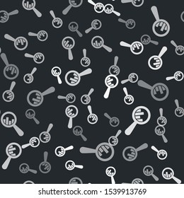 Grey Magnifying glass and data analysis icon isolated seamless pattern on black background.  Vector Illustration
