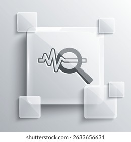 Grey Magnifying glass and data analysis icon isolated on grey background. Search sign. Square glass panels. Vector