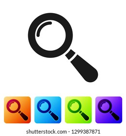 Grey Magnifying glass icon isolated on white background. Search, focus, zoom, business symbol. Set icon in color square buttons. Vector Illustration