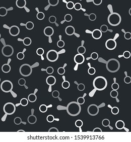 Grey Magnifying glass icon isolated seamless pattern on black background. Search, focus, zoom, business symbol.  Vector Illustration