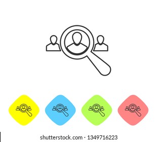 Grey Magnifying glass for search a people line icon on white background. Recruitment or selection. Search for employees and job, human resource. Set icon in color rhombus buttons. Vector Illustration