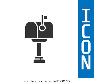 Icono del cuadro Correo gris aislado en fondo blanco. Icono de buzón. Postal de correo en el poste con la bandera. Ilustración vectorial