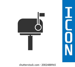 Icono del cuadro Correo gris aislado en fondo blanco. Icono de buzón. Postal de correo en el poste con la bandera.  Ilustración vectorial