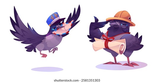 Grey mail carrier pigeon characters - flying with blue mailman cap, standing and holding paper scroll in orange explorer hat. Winged messenger birds in postal service uniforms for delivery design.