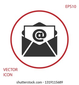 Grey Mail and e-mail icon isolated on white background. Envelope symbol e-mail. Email message sign. Red circle button. Vector Illustration