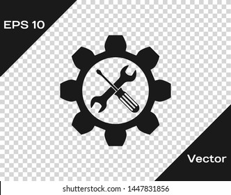 Grey Maintenance symbol - wrench and screwdriver in gear icon isolated on transparent background. Service tool symbol.  Vector Illustration