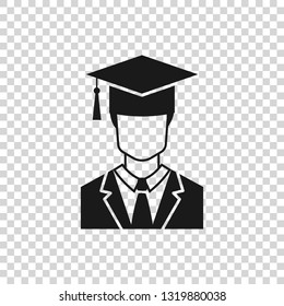 Grey Male graduate student profile with gown and graduation cap icon isolated on transparent background. Vector Illustration
