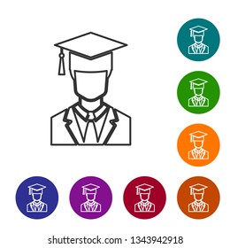 Grey Male graduate student profile with gown and graduation cap line icon isolated on white background. Vector Illustration