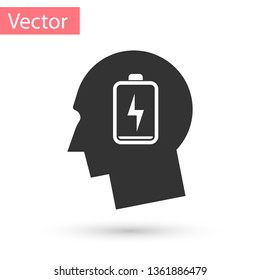 Grey Male head with low battery icon isolated on white background. Tired man. Vector Illustration