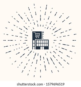 Grey Mall or supermarket building with shopping cart icon isolated on beige background. Shop or store. Abstract circle random dots. Vector Illustration