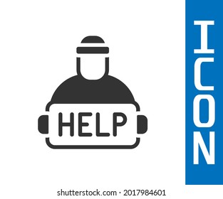 Grey Man with cardboard on the city street is asking for help icon isolated on white background. Poor homeless beggar. Homelessness problem.  Vector