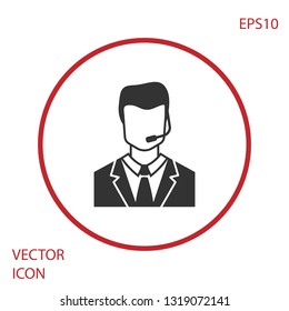 Grey Man with a headset icon isolated on white background. Support operator in touch. Concept for call center, client support service. Red circle button. Vector Illustration