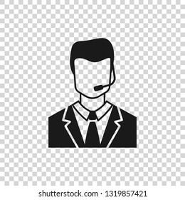 Grey Man with a headset icon isolated on transparent background. Support operator in touch. Concept for call center, client support service. Vector Illustration