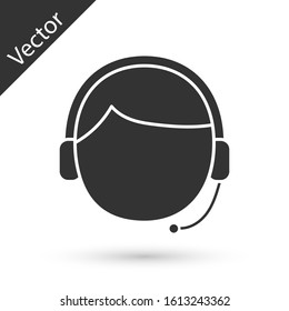 Grey Man with a headset icon isolated on white background. Support operator in touch. Concept for call center, client support service.  Vector Illustration