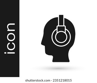 Hombre gris con un icono de auriculares aislado en fondo blanco. Operador de soporte en contacto. Concepto de centro de llamadas, servicio de soporte al cliente.  Ilustración vectorial