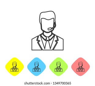Grey Man with a headset line icon isolated on white background. Support operator in touch. Concept for call center, client support service. Set icon in color rhombus buttons. Vector Illustration