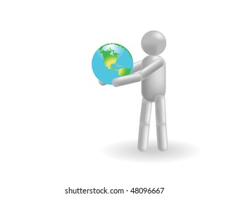 The grey man holds in hands a planet