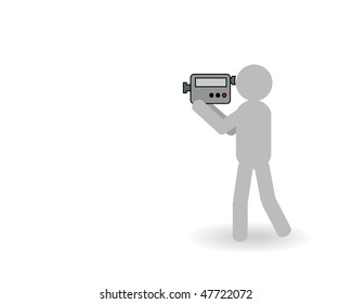 The grey man holds in hands a videocamera