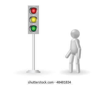 The grey man stands about a traffic light