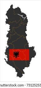 Grey map of Albania and national flag.
