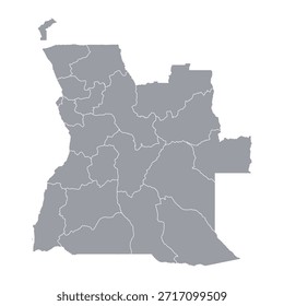 Mapa gris de Angola con su división provincial aislada sobre fondo blanco. Ilustración vectorial