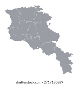 Mapa cinza da Armênia com sua divisão administrativa isolada sobre fundo branco. Ilustração vetorial