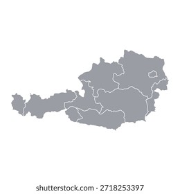 Mapa cinzento da Áustria com sua divisão administrativa isolada sobre fundo branco. Ilustração vetorial