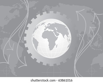 grey map background with curve arrowhead and globe