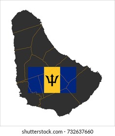 Grey map of Barbados and national flag.
