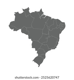 Mapa cinzento do Brasil com sua divisão administrativa isolada sobre fundo branco. Ilustração vetorial