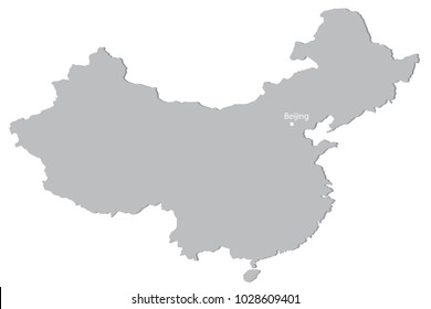 Grey map of Chine with capital - Beijing, vector illustration.