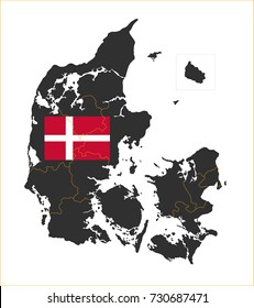 Grey map of Denmark and national flag.
