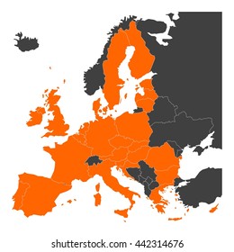 Grey map of Europe with orange highlighted 28 EU member states. Vector illustration. Simplified map of European Union.