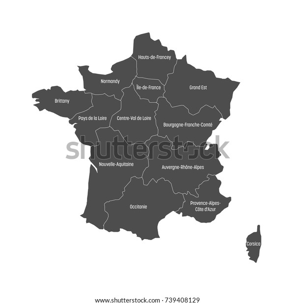 Grey map of France\
divided into 13 administrative metropolitan regions, since 2016.\
Vector illustration.