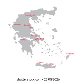 grey map of Greece with indication of largest cities