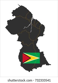 Grey map of Guyana and national flag.
