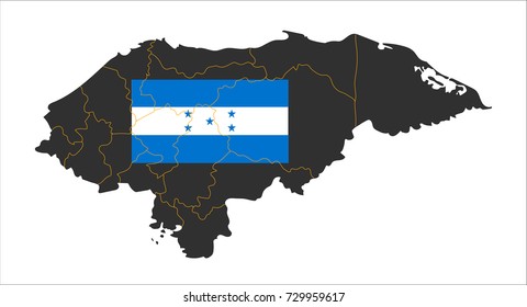 Grey map of Honduras and national flag.