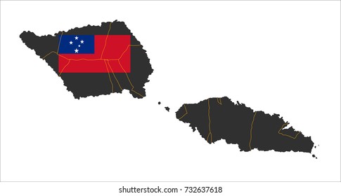 Grey map of Independent State of Samoa and national flag.
